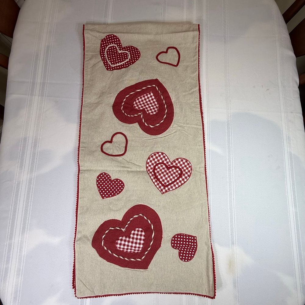Burlap And Gingham Hearts 70” x 16” Table Runner